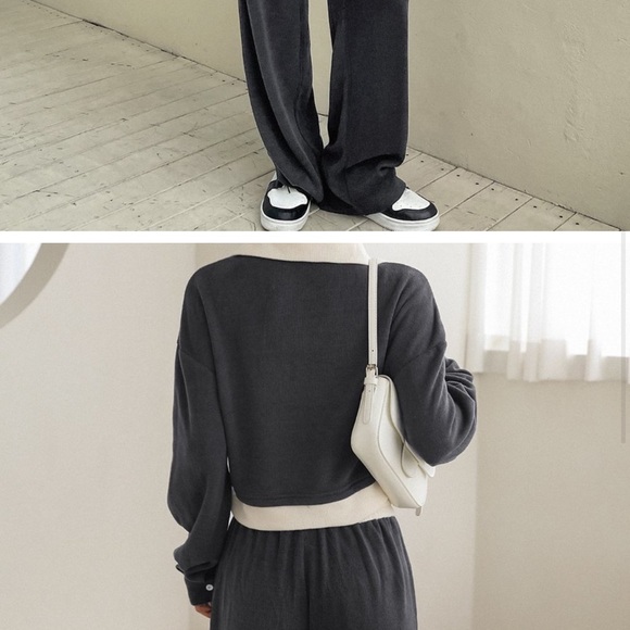 Dark Grey Casual Womens Collar Drop Shoulder Crop Sweatshirt & Sweatpants